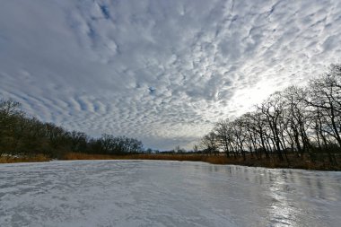 Buz gibi bir nehir boyunca kış yürüyüşü, nehir kıyılarını ve manzaraların kış masalı. Doğu Ukrayna, Samara Nehri.