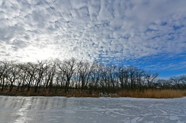 Buz gibi bir nehir boyunca kış yürüyüşü, nehir kıyılarını ve manzaraların kış masalı. Doğu Ukrayna, Samara Nehri.