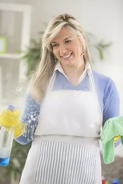 Housewife cleaning window — Stock Photo, Image