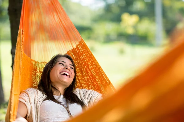 Cheerful girl enjoy in hammock — Stock Photo, Image