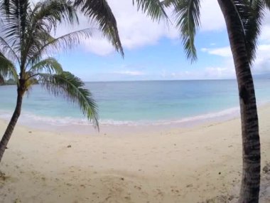 Hava uçuş: egzotik ada ve avuç içi ile beyaz plaj sahil şeridi