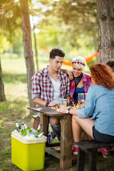 Meninos e meninas em par jogar xadrez e bebe cerveja gelada na natureza — Fotografia de Stock