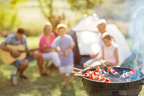 Barbacoa y familia en el camping — Foto de Stock