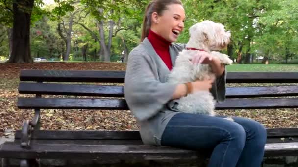 Mujer joven abrazando a su perro blanco en el parque al aire libre — Vídeos de Stock