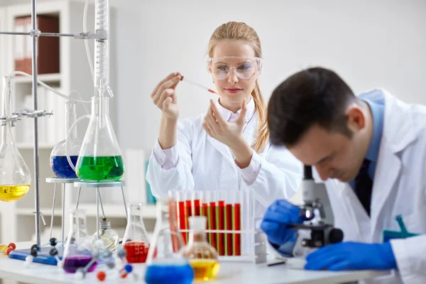 Dois técnicos de ciências que trabalham no laboratório — Fotografia de Stock