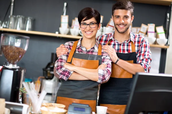 Owner  coffee shop smiling couple — Stock Photo, Image