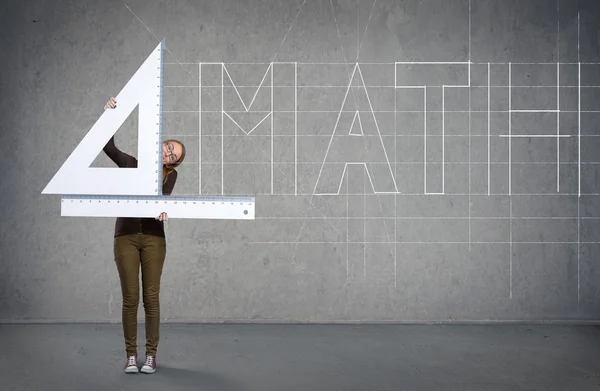 Schoolgirl dengan penguasa, konsep matematika — Stok Foto