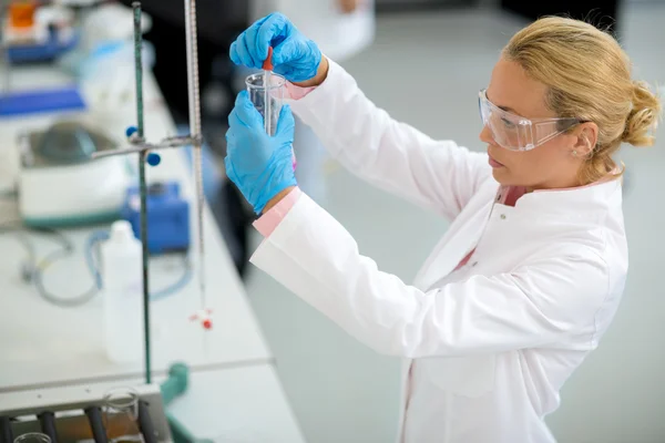 Travailleur de chimie travail avec pipette en verre en laboratoire — Photo