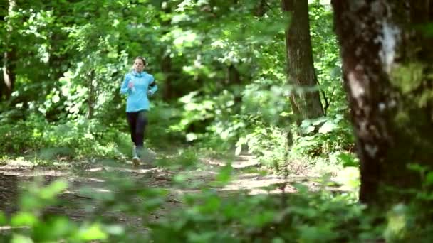 Corriendo corriendo en el bosque. entrenamiento de la mujer, correr, trotar, fitness, corredor - video hd — Vídeos de Stock