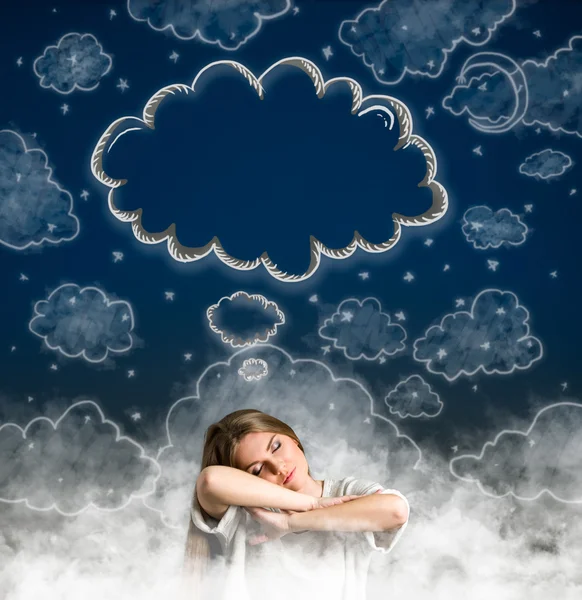 Woman dreaming with cloud over her head — Stock Photo, Image