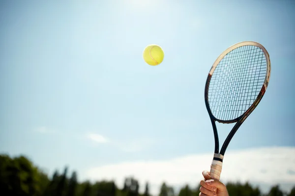 Close up of tennis racket and ball — Stock Photo, Image