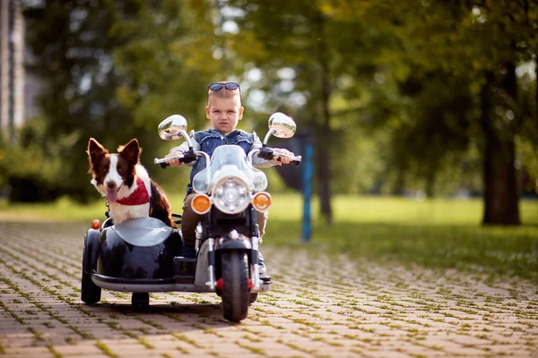 Little Boy Rijden Een Speelgoed Motorfiets Met Zijn Hond Een — Stockfoto