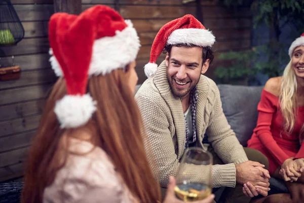 Young Caucasian Guy Flirting Redhead Female Christmas New Year — Stock Photo, Image