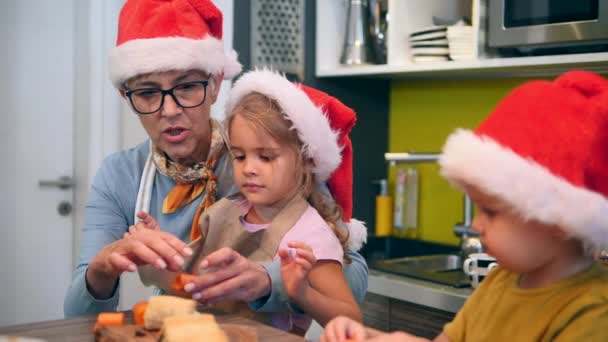 Oma Kleinkinderen Bereiden Samen Kerstmaaltijd Keuken Een Vrolijke Sfeer Kerstmis — Stockvideo