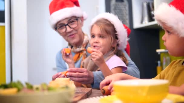 Bedstemor Børnebørn Forbereder Xmas Måltid Køkkenet Munter Atmosfære Sammen Jul – Stock-video
