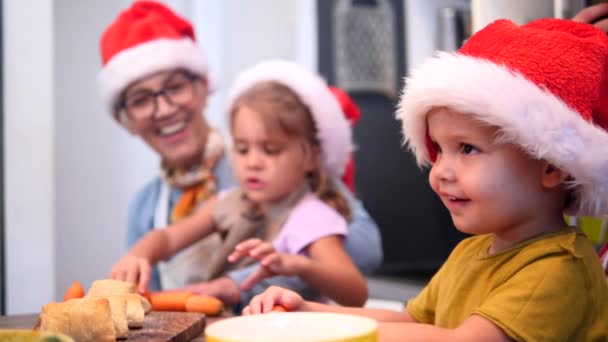 Γιαγιά Και Εγγόνια Ετοιμάζουν Χριστουγεννιάτικο Γεύμα Στην Κουζίνα Χαρούμενη Ατμόσφαιρα — Αρχείο Βίντεο