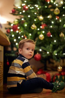 Noel arifesinde evde, tatil atmosferinde oynayan küçük bir çocuk. Birlikte, yeni yıl, aile, kutlama