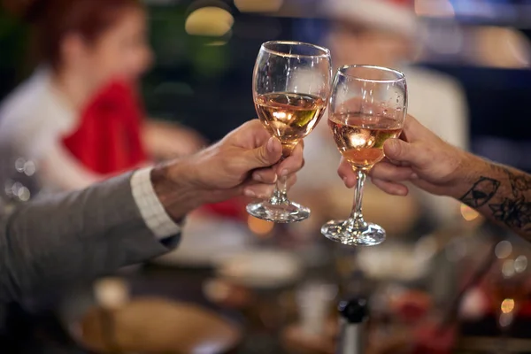 Group Colleagues Drinking Eating New Year Company Dinner Holiday Atmosphere — Stock Photo, Image