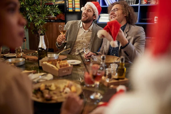 Group Colleagues Enjoying New Year Company Dinner Restaurant Holiday Atmosphere — Stock Photo, Image