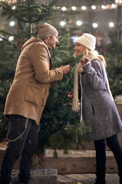스러운 커플이 크리스마스 주변의 낭만적 순간에 도시의 눈내리는 날씨의 마법같은 — 스톡 사진
