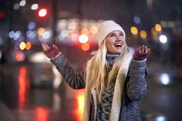 Close Portrait Female Walking Snowy Winter Night — Stock Photo, Image