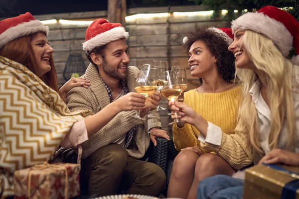 サンタの帽子をかぶった多民族の人々が裏庭に座ってクリスマスの屋外を祝う — ストック写真
