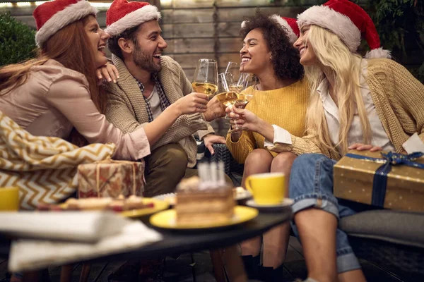 Grupo Pessoas Rindo Brindando Comemorando Chirstmas Livre Quintal Vestindo Chapéus — Fotografia de Stock