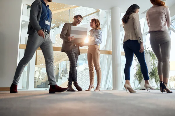 Les Employés Parlent Travail Dans Couloir Entreprise Dans Une Atmosphère — Photo