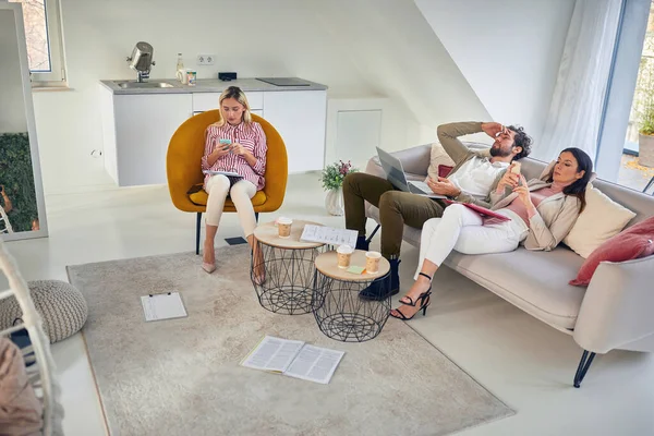 Group Young Tired Business People Taking Break Hard Work Meeting — Stock Photo, Image