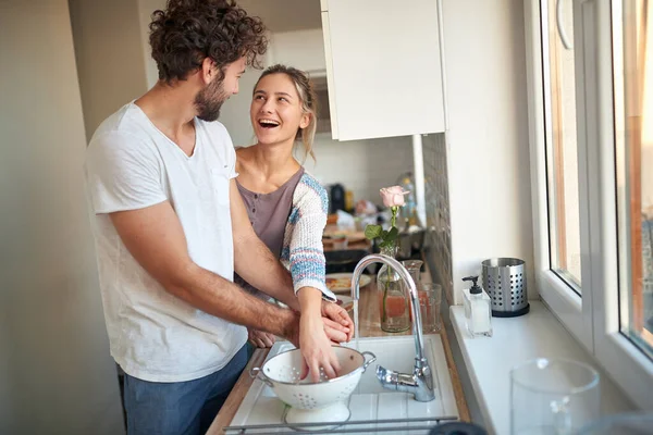 Young Couple Love Enjoying Together Kitchen Beautiful Morning Relationship Together — Stock Photo, Image