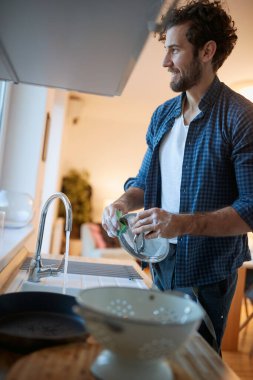 Çalışkan genç bir adam mutfakta rahat bir atmosferde ev işi yapıyor. Mutfak, ev işleri, Quantin, ev