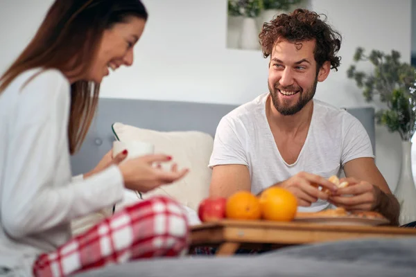 Young Couple Having Good Time While Having Breakfast Bed Bedroom — Stock Photo, Image