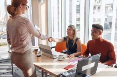 Genç kızıl saçlı, gözlüklü bir kadın. İş toplantısının başında kendini tanıtıyor. El sıkışıyor.