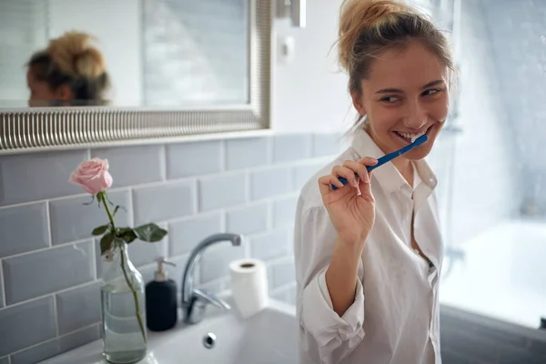 Cute Blond Woman Brushing Teeth Bathroom — Stock Photo, Image