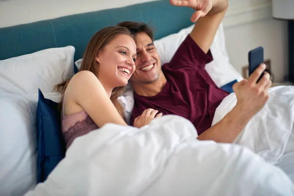 Happy Couple Spending Valentine Morning Together Hotel — Stock Photo, Image