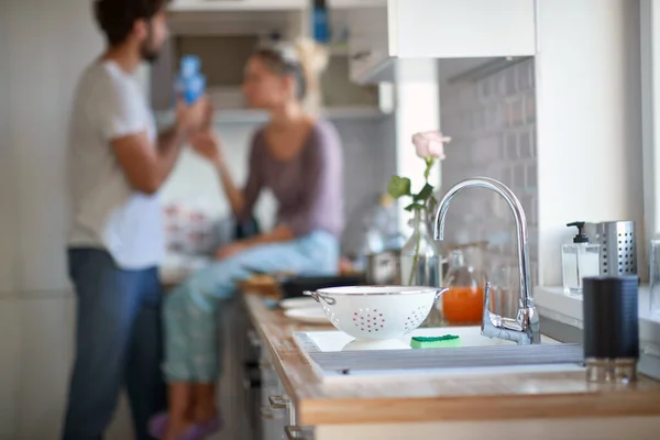 Young Couple Love Relaxed Atmosphere Kitchen Cooking Home Kitchen Relationship — Stock Photo, Image