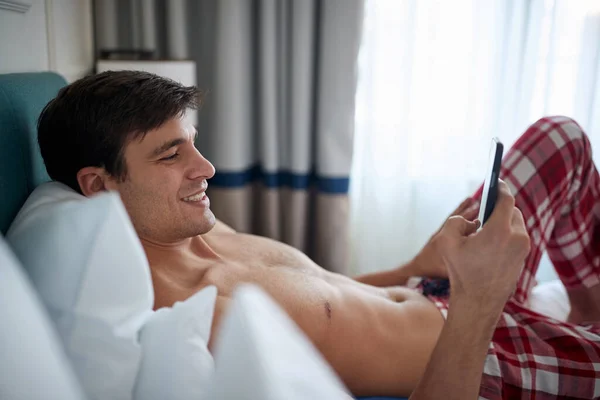Portrait Man Texting While Bedroom Distance Relationship Concept — Stock Fotó
