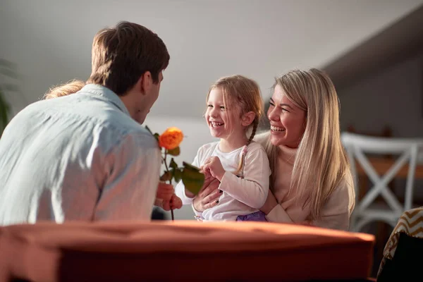 Young Happy Family Enjoying Valentine Day Cheerful Atmosphere Home Together — стоковое фото