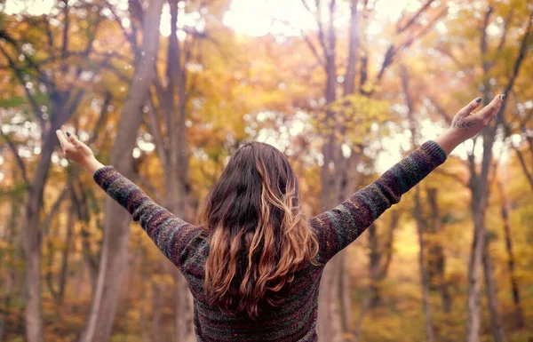 Young Woman Connecting Nature Open Arms Showing Gratitude Life Abundance — Stock Photo, Image