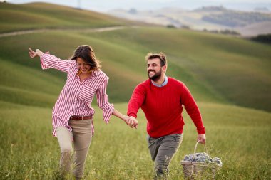 Genç bir çift, güzel bir günde el ele tutuşarak geniş bir çayırda yürürken doğanın tadını çıkarıyor. İlişki, aşk, birlikte piknik, doğa