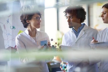 Genç meslektaşlar, üniversite laboratuarında çalışan bir atmosferde bir model üzerinde açıklanan kimyasal bağları dinliyorlar. Bilim, kimya, laboratuvar, insanlar