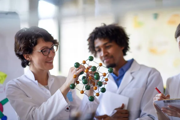 Young colleagues learning about chemical bonds on a model in a working atmosphere in the university laboratory. Science, chemistry, lab, people