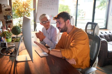 Genç odaklı iş adamına ofiste kıdemli bayan ortak akıl hocalığı yapıyor.
