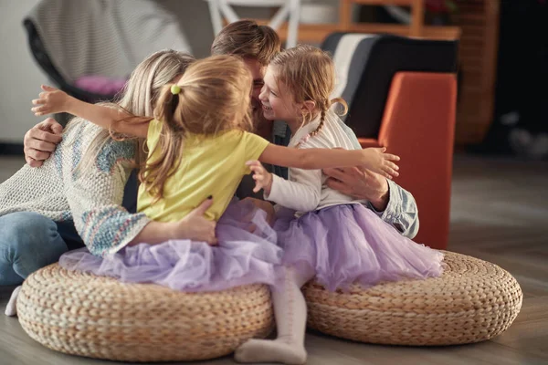 Young Happy Family Hug While Playing Cheerful Atmosphere Home Together — Stock Photo, Image