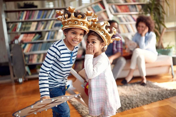 Kids Whispering Some Secrets While Playing Family Atmosphere Home Family — Fotografia de Stock