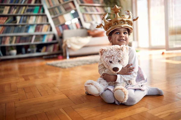 Cute Little Girl Sweet Smile Posing Photo Floor Relaxed Atmosphere — Fotografia de Stock