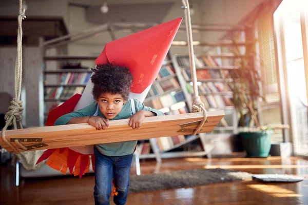 Little Boy Posing While Holding Swing Playing Relaxed Atmosphere Home — ストック写真