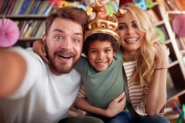 Adopted Little Boy Enjoying Taking Selfie Kids Birthday Party Cheerful — Fotografia de Stock