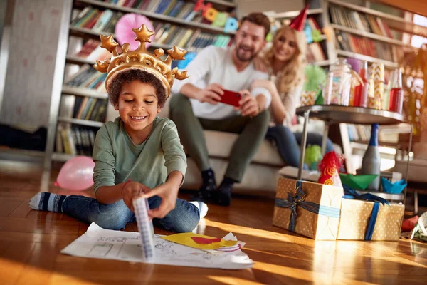 Happy Couple Taking Photo Adopted Little Boy While Playing Kids — Fotografia de Stock