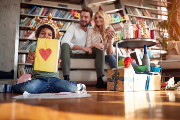 Adopted Little Boy Showing His Heart Drawing Kids Birthday Party — Fotografia de Stock